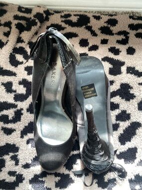 Bakers Black Satin Peep Toe Heels with Ankle Ribbon